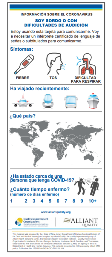 DDHH Coronavirus Cards – Spanish Materials for deaf & hard of hearing community about coronavirus