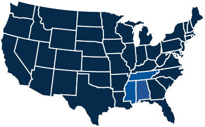 map of the united states with Mississipi, Alabama, and Tennessee highlighted.