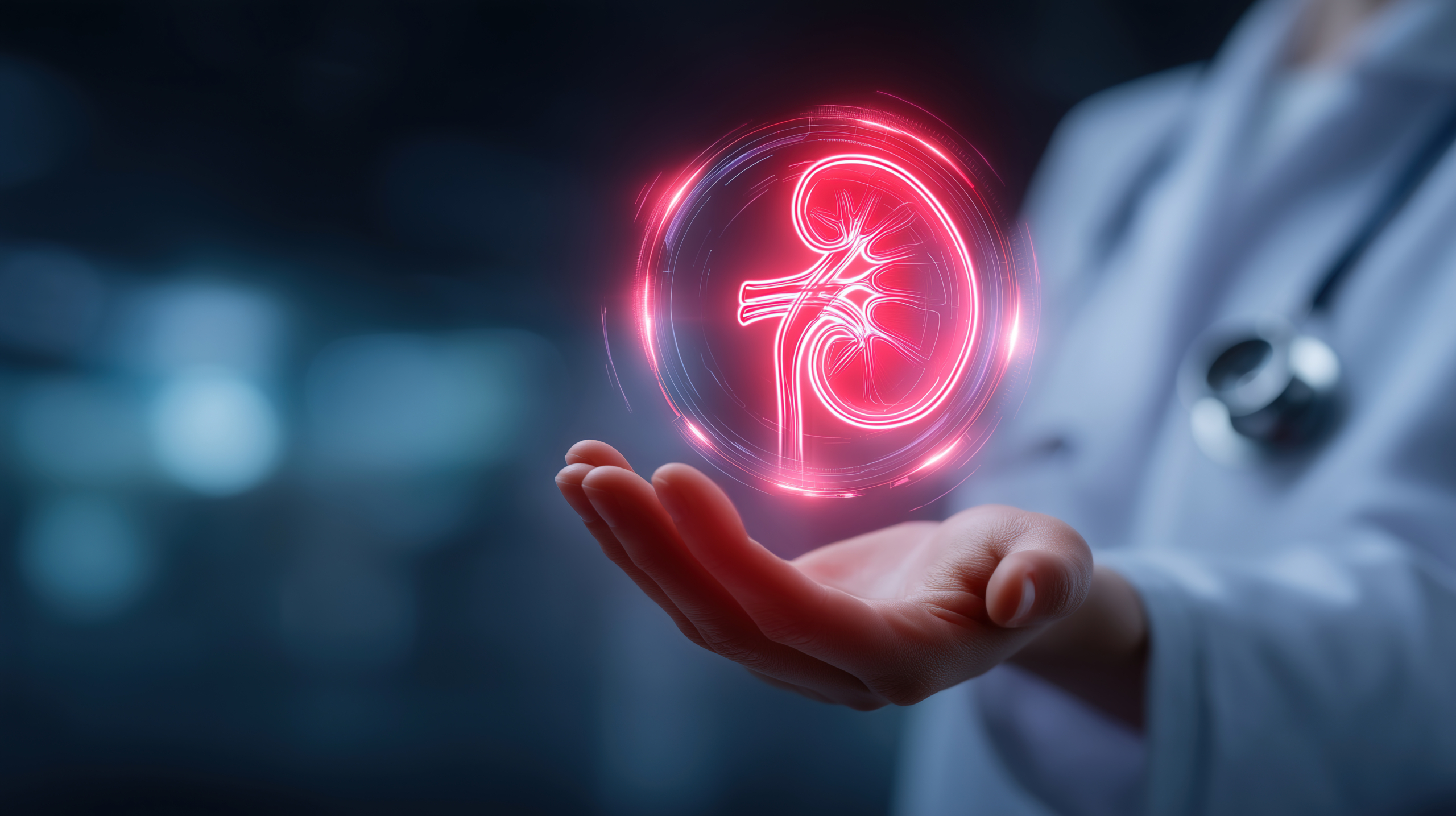 Doctor holding glowing holographic kidney