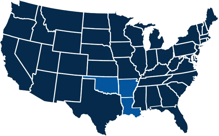 map of the united states with Arkansas, Louisiana and Oklahoma highlighted